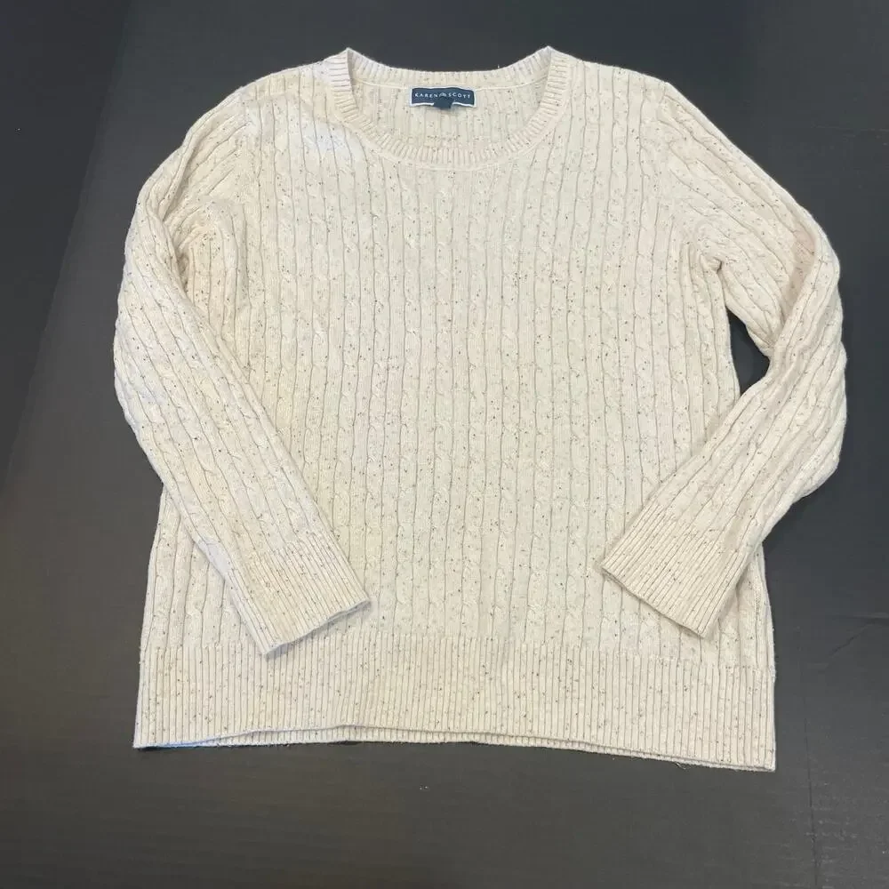 Karen Scott women's Large cream cable knit sweater L/S scoop neck casual top